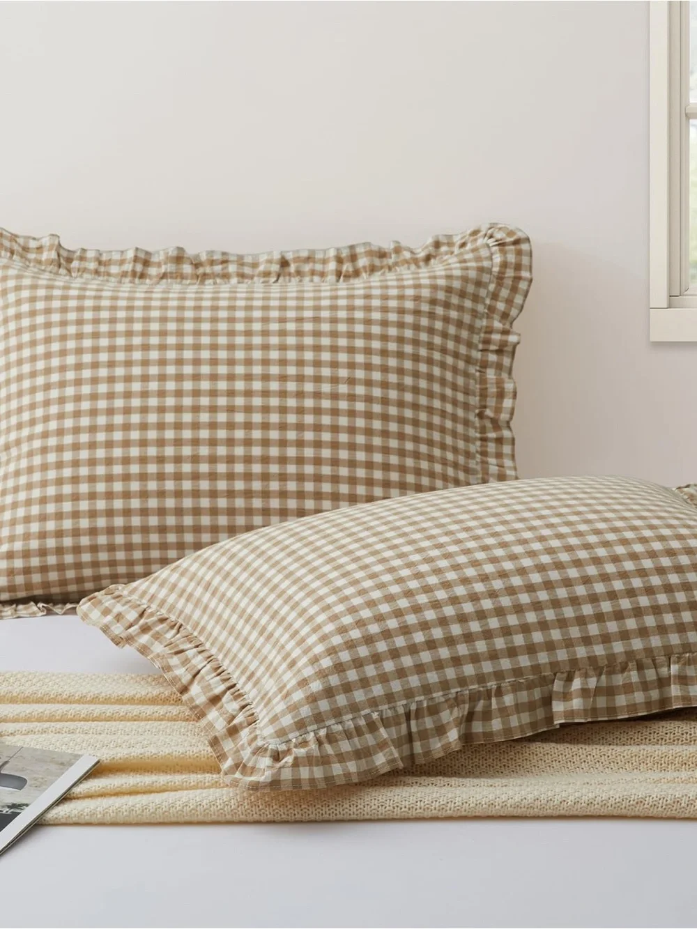 Gingham Ruffle Pillowcase Pair in Tan and White